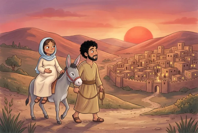 Szene 5: Im roten Abendlicht sehen Maria auf dem Esel und Josef die kleine Stadt Betlehem mit ihren Dächern und Lichtern vor sich liegen.