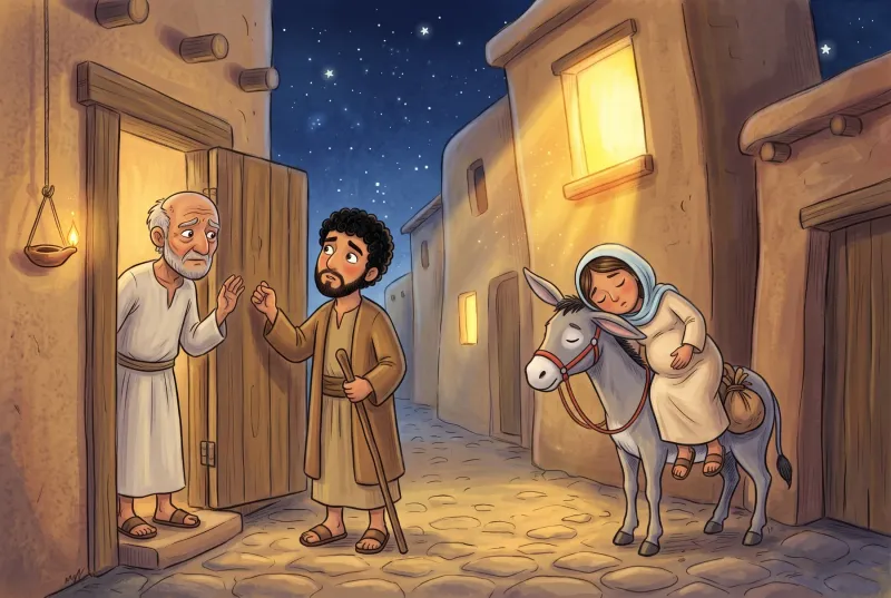 Szene 2: Josef klopft an eine Tür; ein Mann schaut heraus und schüttelt den Kopf, Maria wartet müde auf dem Esel.