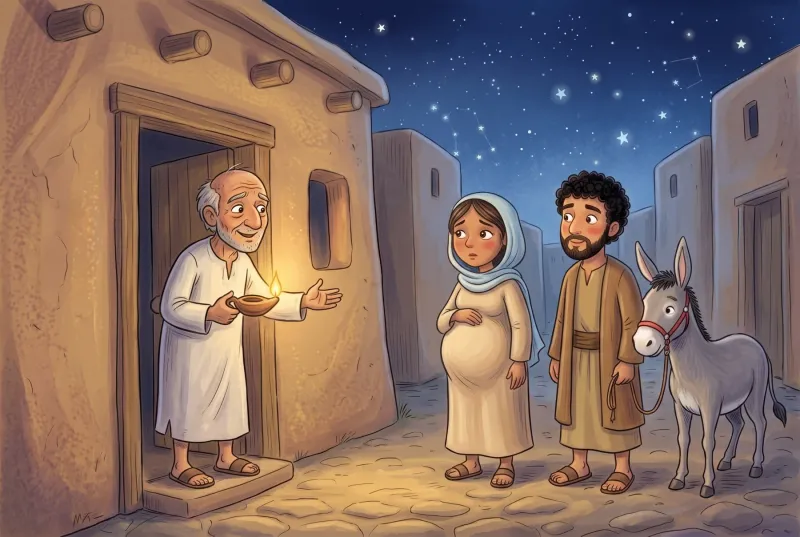 Szene 4: In der Tür des schiefen Hauses steht ein alter Mann im Nachthemd mit einer Öllampe und schaut freundlich auf Maria und Josef.