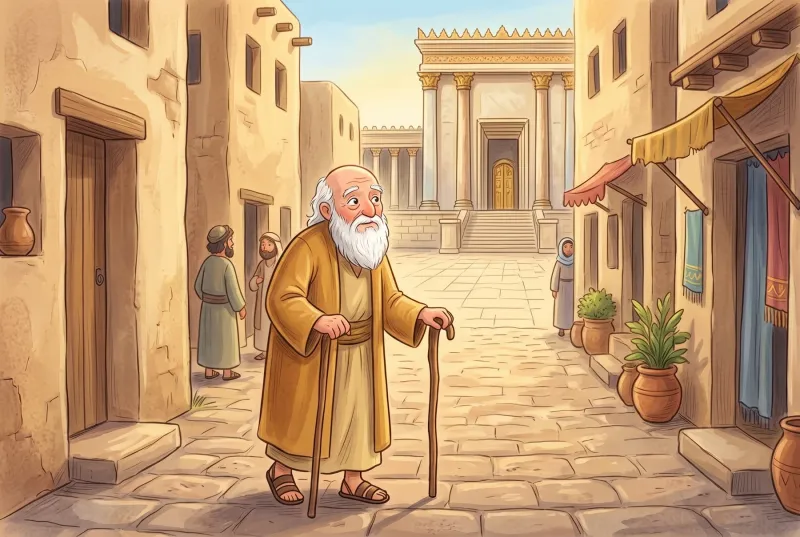 Szene 1: Der uralte Simeon mit langem weißem Bart geht langsam auf seinen Stock gestützt durch eine Gasse in Jerusalem zum Tempel.