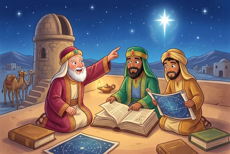 Szene 1: Auf einem flachen Dach bei Nacht zeigen drei Weise in bunten, goldbestickten Gewändern auf einen neuen hellen Stern; neben ihnen dicke Bücher und Himmelskarten.