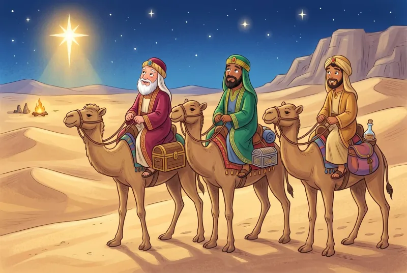 Szene 2: Die drei Weisen reiten auf Kamelen durch die Wüste, die Kamele tragen Kisten mit Geschenken; vor ihnen am Himmel leuchtet der Stern.