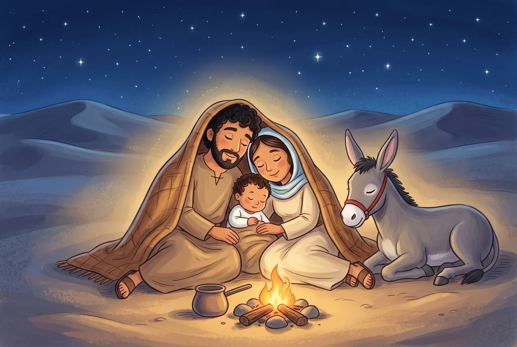 Szene 4: In der Wüste bei Nacht kuscheln sich Maria, Josef und das Kind unter einer Decke aneinander, der Esel liegt daneben.