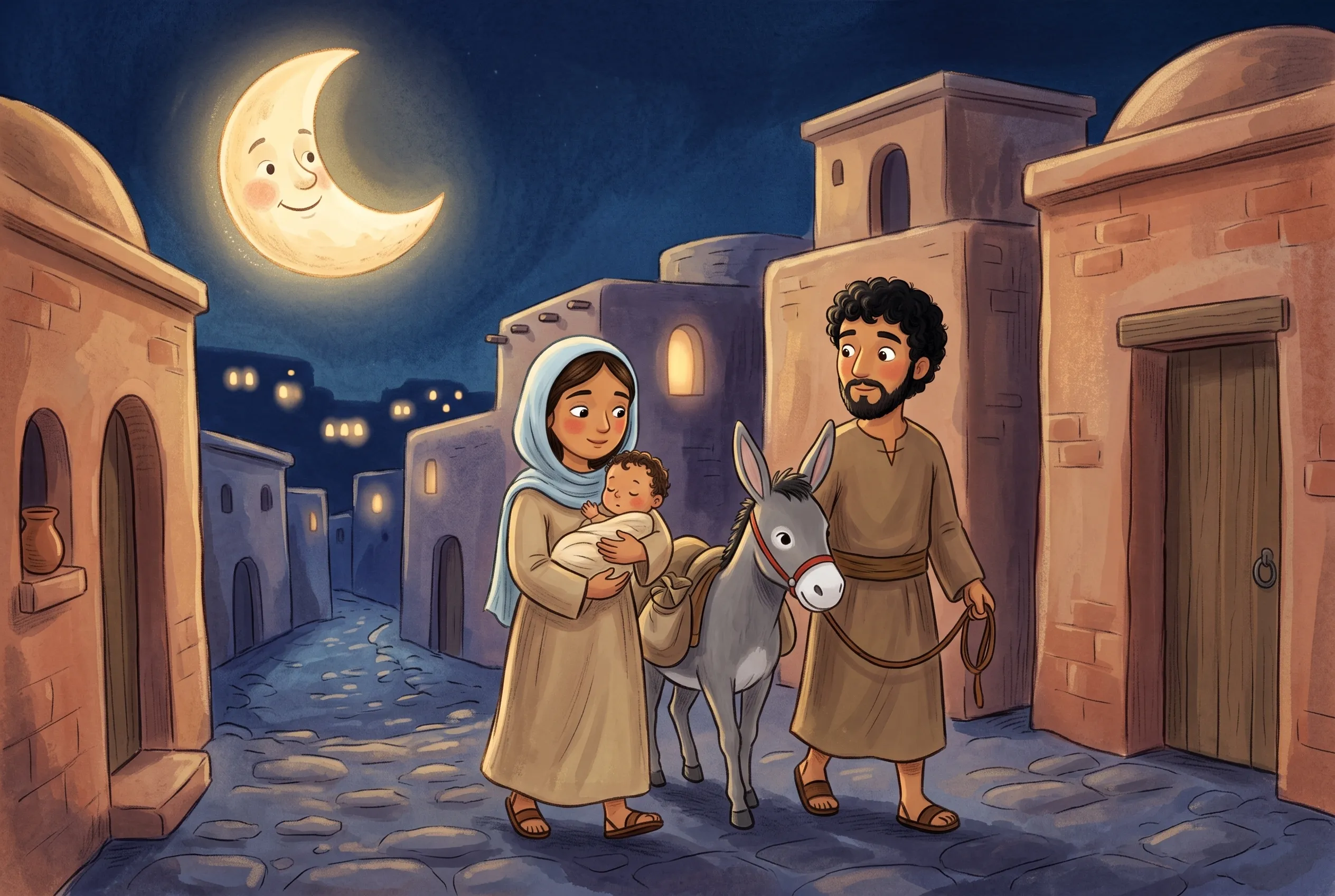 Illustration zu „Die Flucht nach Ägypten“: Maria und Josef schleichen nachts mit dem Esel durch die dunklen Gassen von Betlehem, Maria hält das Kind eng an sich, nur der Mond schaut zu.