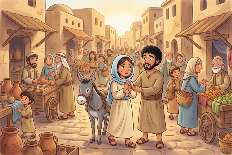Szene 4: Maria und Josef suchen eilig in den vollen Gassen und auf dem Markt von Jerusalem.