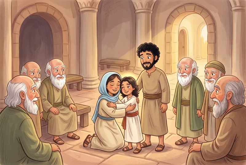 Szene 6: Maria nimmt Jesus im Tempel erleichtert in den Arm, Josef steht daneben, die alten Lehrer lächeln.