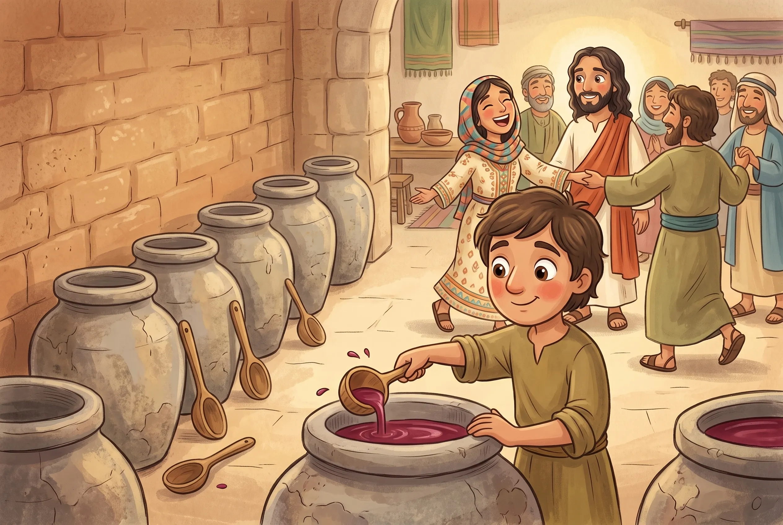 Illustration zu „Wasser wird Wein“: Sechs große Steinkrüge an einer Wand, ein Diener schöpft mit großen Augen roten Wein daraus, im Hintergrund tanzt eine Hochzeitsgesellschaft und die Braut lacht wieder.