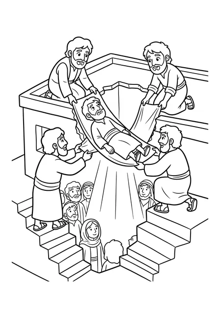 Ausmalbild zu „Vier Freunde tragen durchs Dach“ (Vorschau)