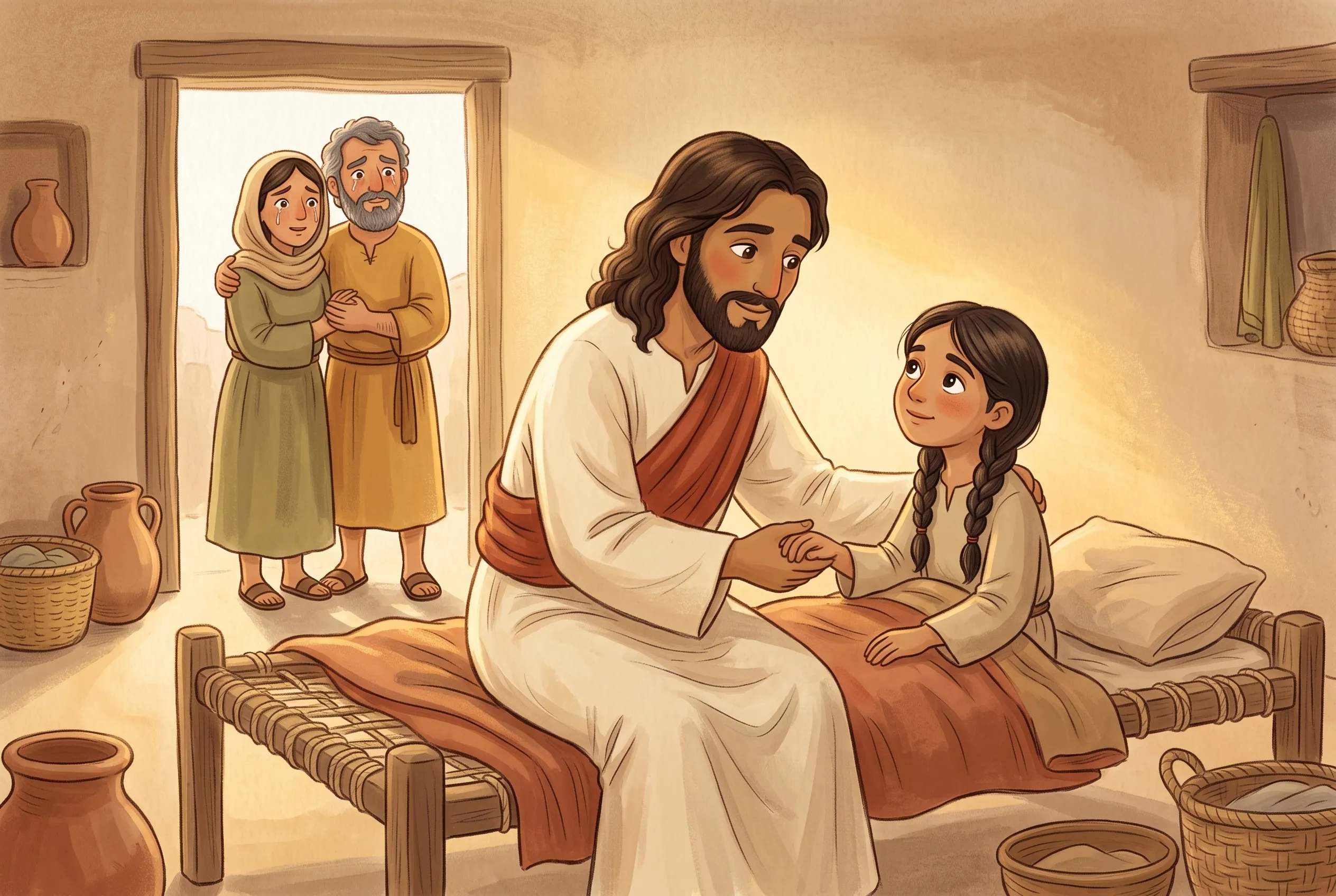 Illustration zu „Jesus weckt die Tochter von Jaïrus auf“: Jesus sitzt auf der Bettkante und hält die Hand des Mädchens mit den dunklen Zöpfen, die gerade die Augen öffnet; an der Tür halten sich Mama und Papa aneinander fest.