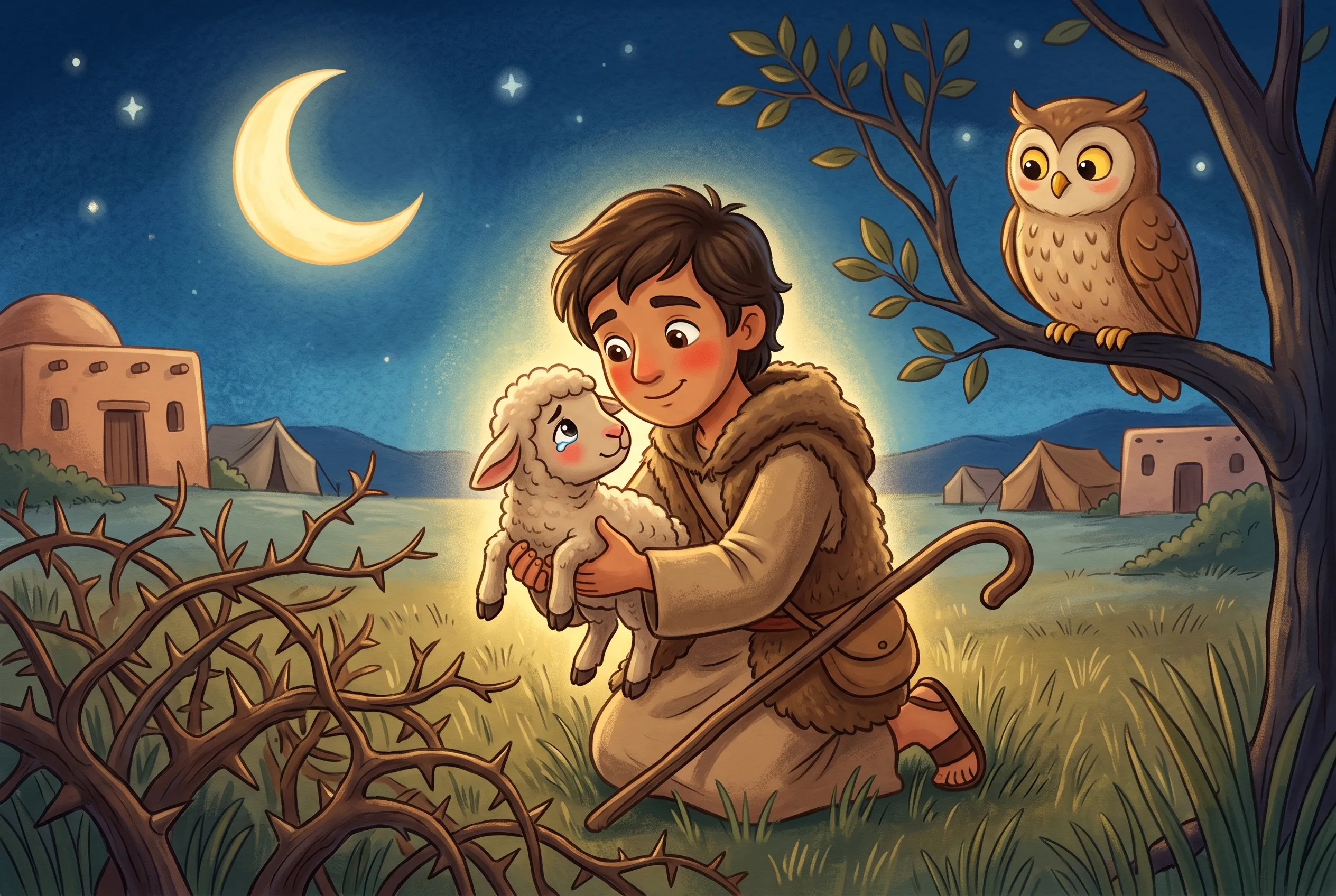 Illustration zu „Das verlorene Schaf“: Nachts im Mondlicht hebt der Hirte ein kleines, zitterndes Lamm aus einer Dornenhecke, eine Eule schaut vom Ast zu.
