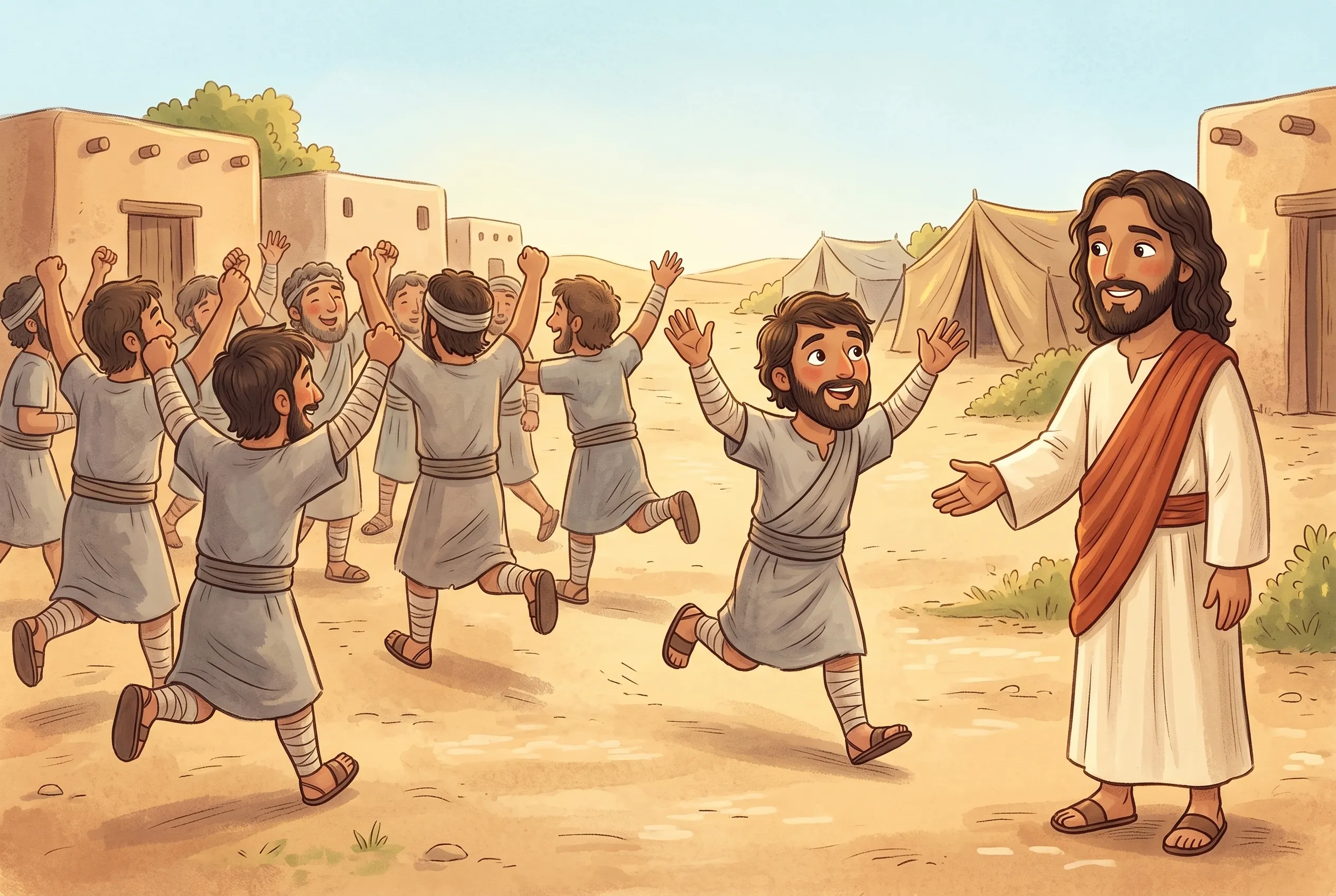 Illustration zu „Einer sagt Danke“: Neun Männer rennen jubelnd in die eine Richtung davon, einer kehrt um und rennt mit erhobenen Armen zurück zu Jesus.