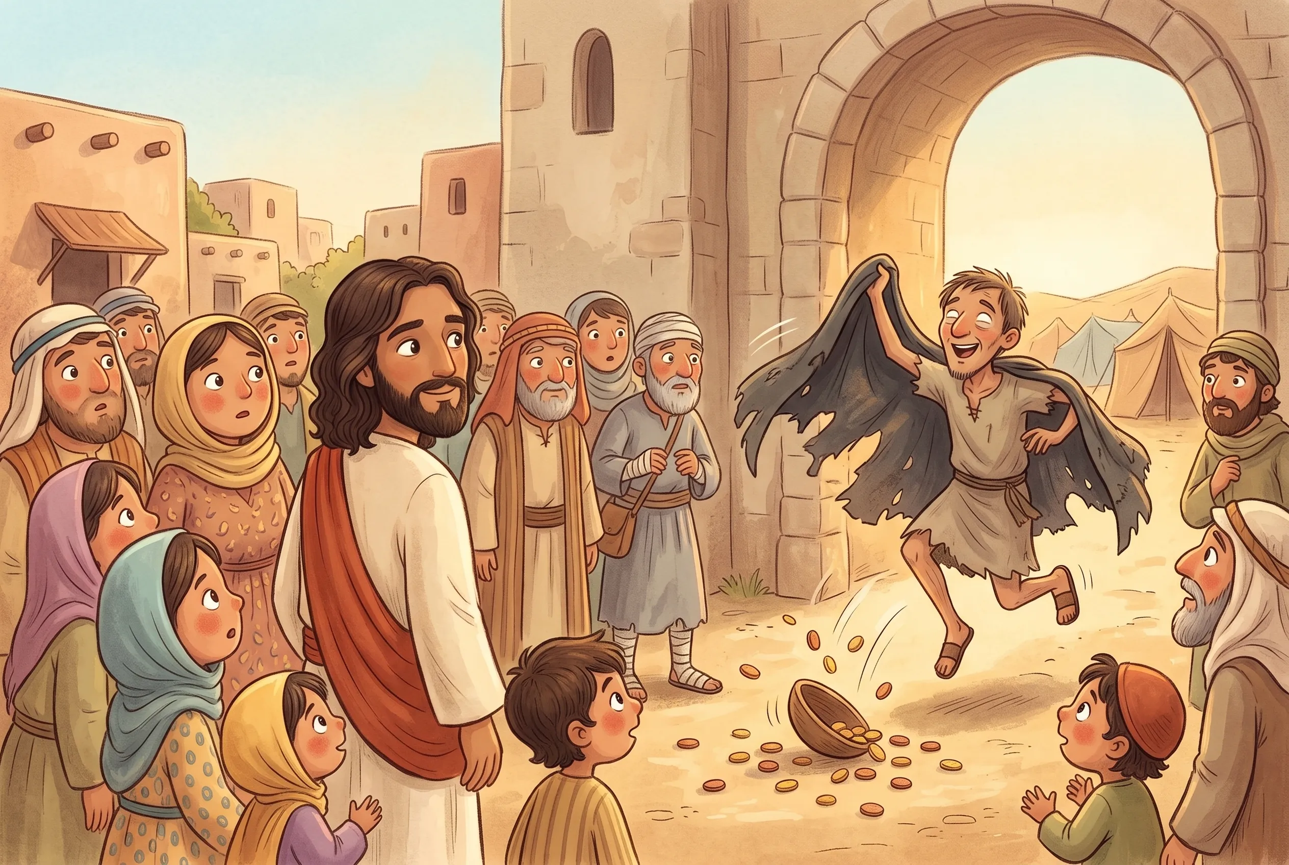 Illustration zu „Bartimäus darf wieder sehen“: Am Stadttor springt der blinde Bartimäus auf und wirft seinen Mantel weg, die Bettelschale kippt um und Münzen rollen, in der Menge ist Jesus stehen geblieben und dreht sich um.
