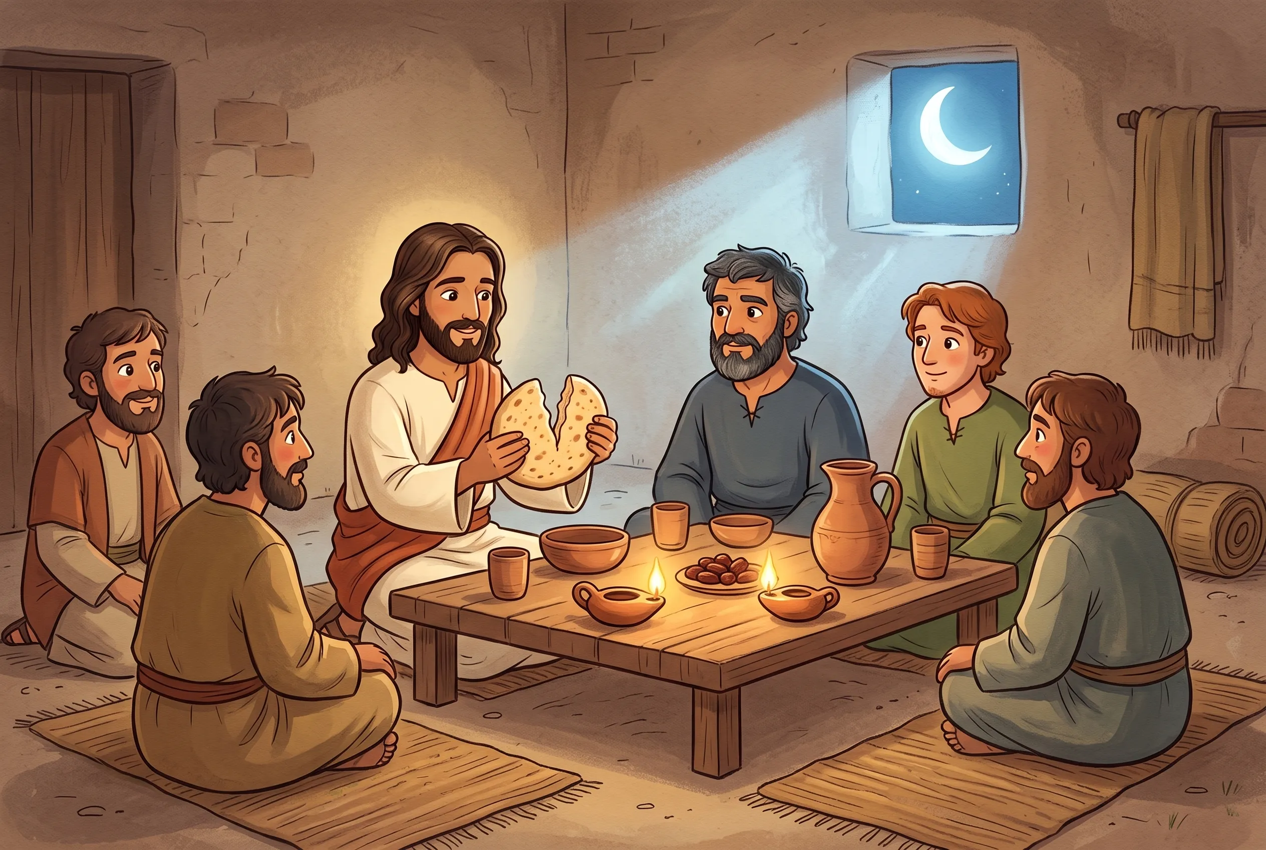 Illustration zu „Brot und Becher“: Jesus hält im Schein der Öllampen ein flaches Brot, das er gerade bricht, ringsum am niedrigen Tisch schauen die Freunde ihn gespannt an; durch das Fenster scheint der Mond.