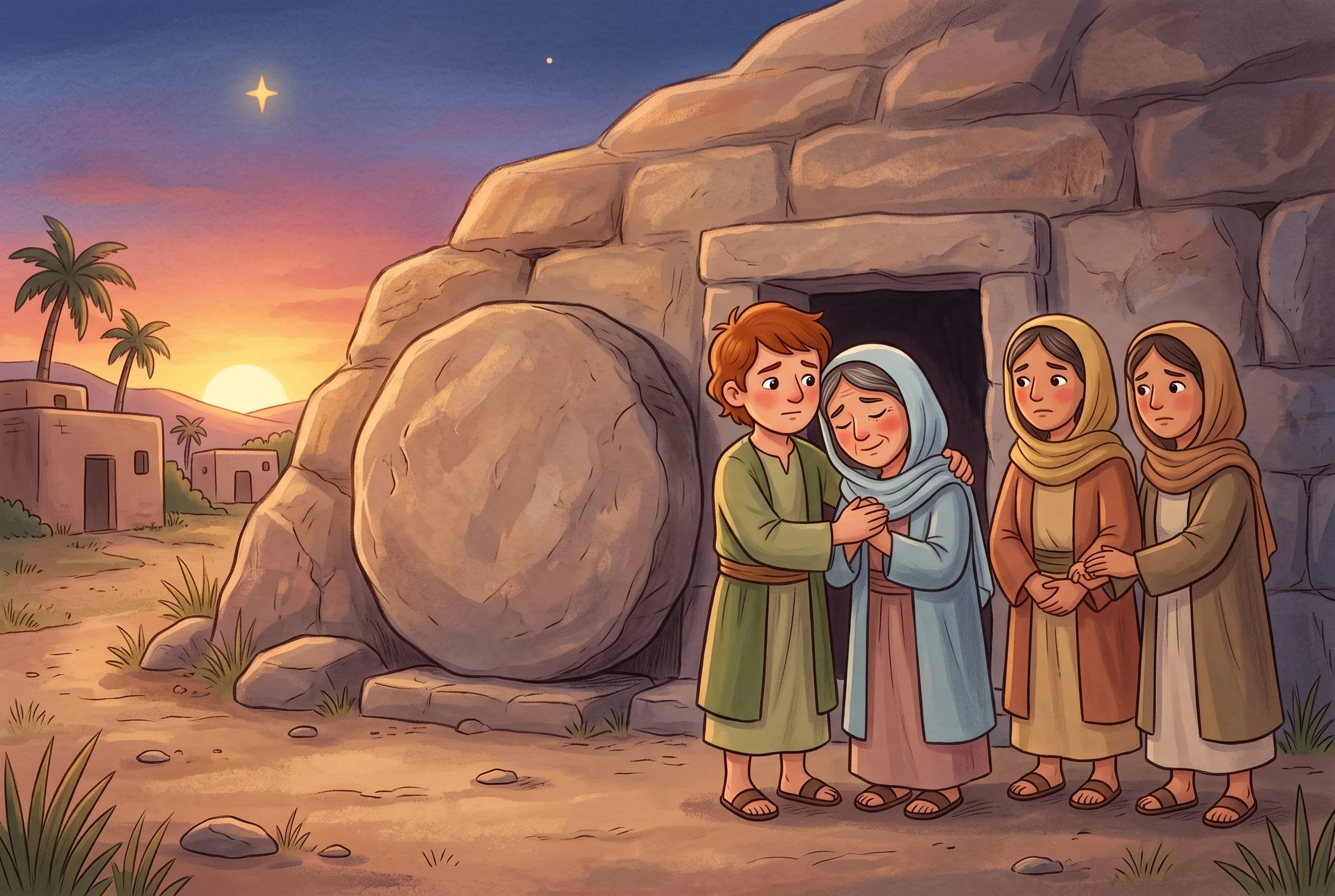 Illustration zu „Der traurigste Freitag“: In der Dämmerung vor einem Felsengrab mit einem großen, runden Stein stehen drei Frauen und halten sich an den Händen, Johannes hat den Arm um Maria gelegt.