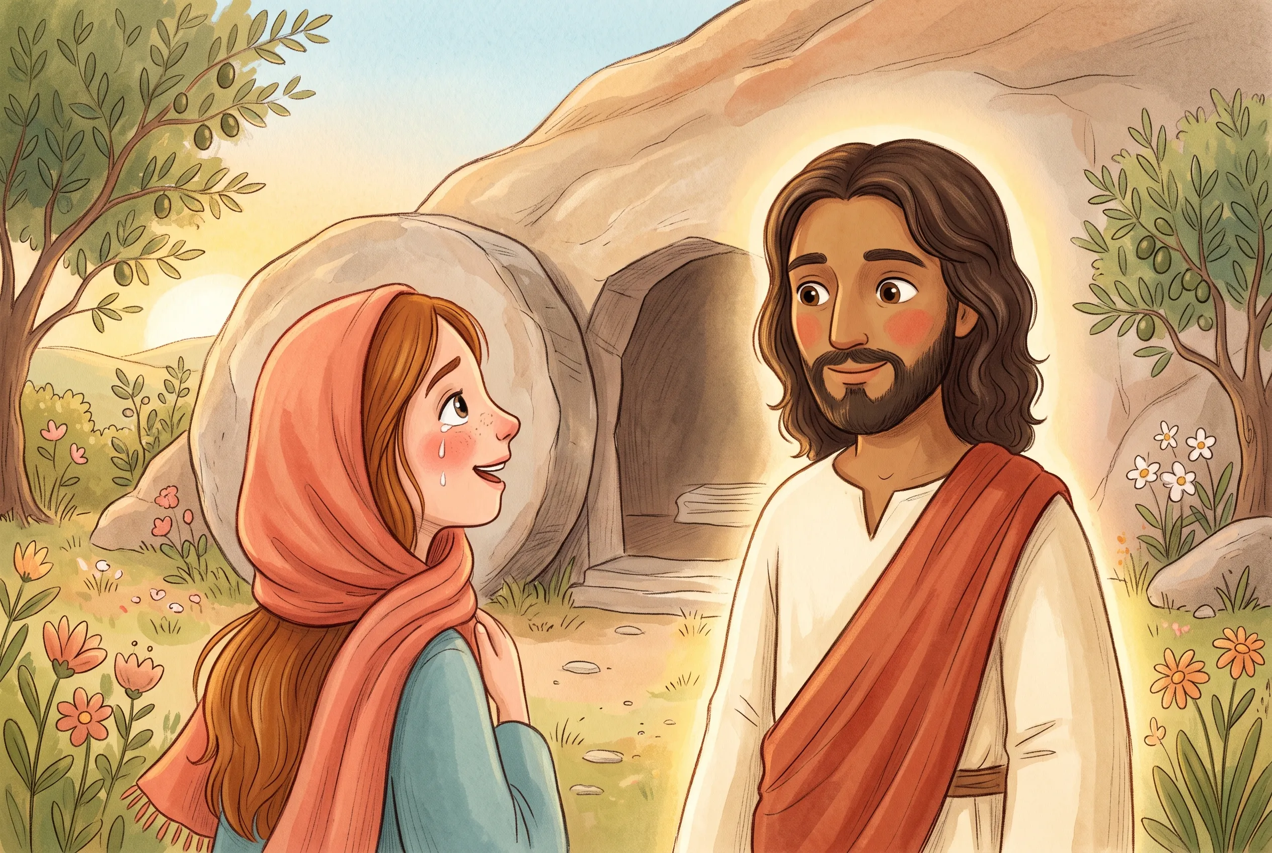 Illustration zu „Das Grab ist leer!“: Im goldenen Licht des Sonnenaufgangs dreht sich Maria aus Magdala mit tränennassem Gesicht zu Jesus um, der im Garten vor dem offenen, leeren Felsengrab steht; der große runde Stein liegt zur Seite gerollt.