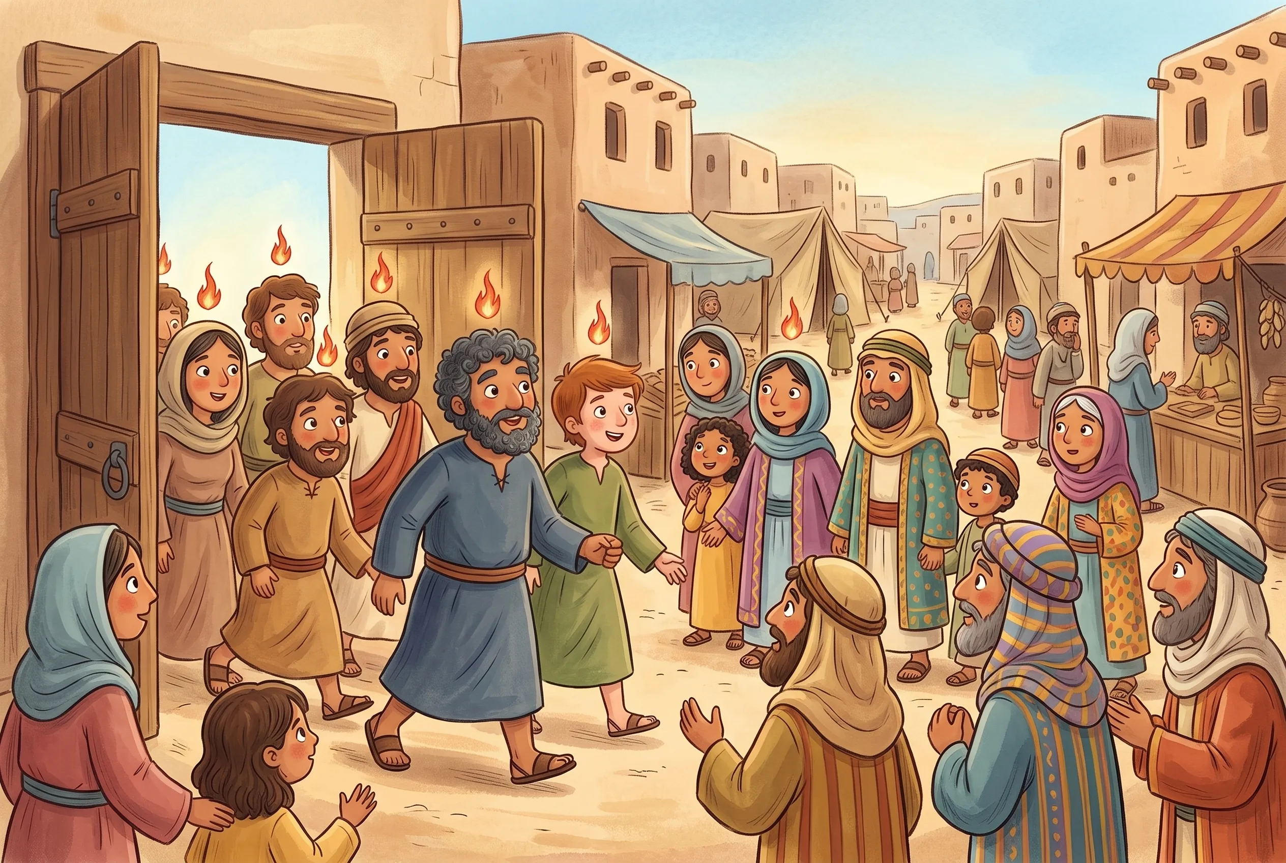 Illustration zu „Feuer und Wind an Pfingsten“: Die Freunde stürmen aus einer aufgerissenen Tür auf eine belebte Straße, über jedem Kopf flackert ein kleines rotes Flämmchen, Menschen in bunten Gewändern aus vielen Ländern staunen.