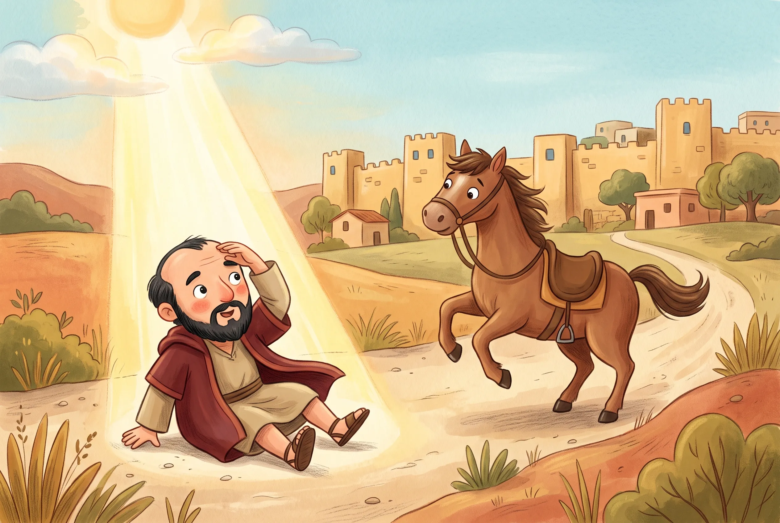 Illustration zu „Saulus sieht nichts mehr“: Auf der staubigen Straße vor den Mauern von Damaskus liegt Saulus geblendet am Boden, ein gleißendes Licht strahlt vom Himmel, das Pferd scheut.