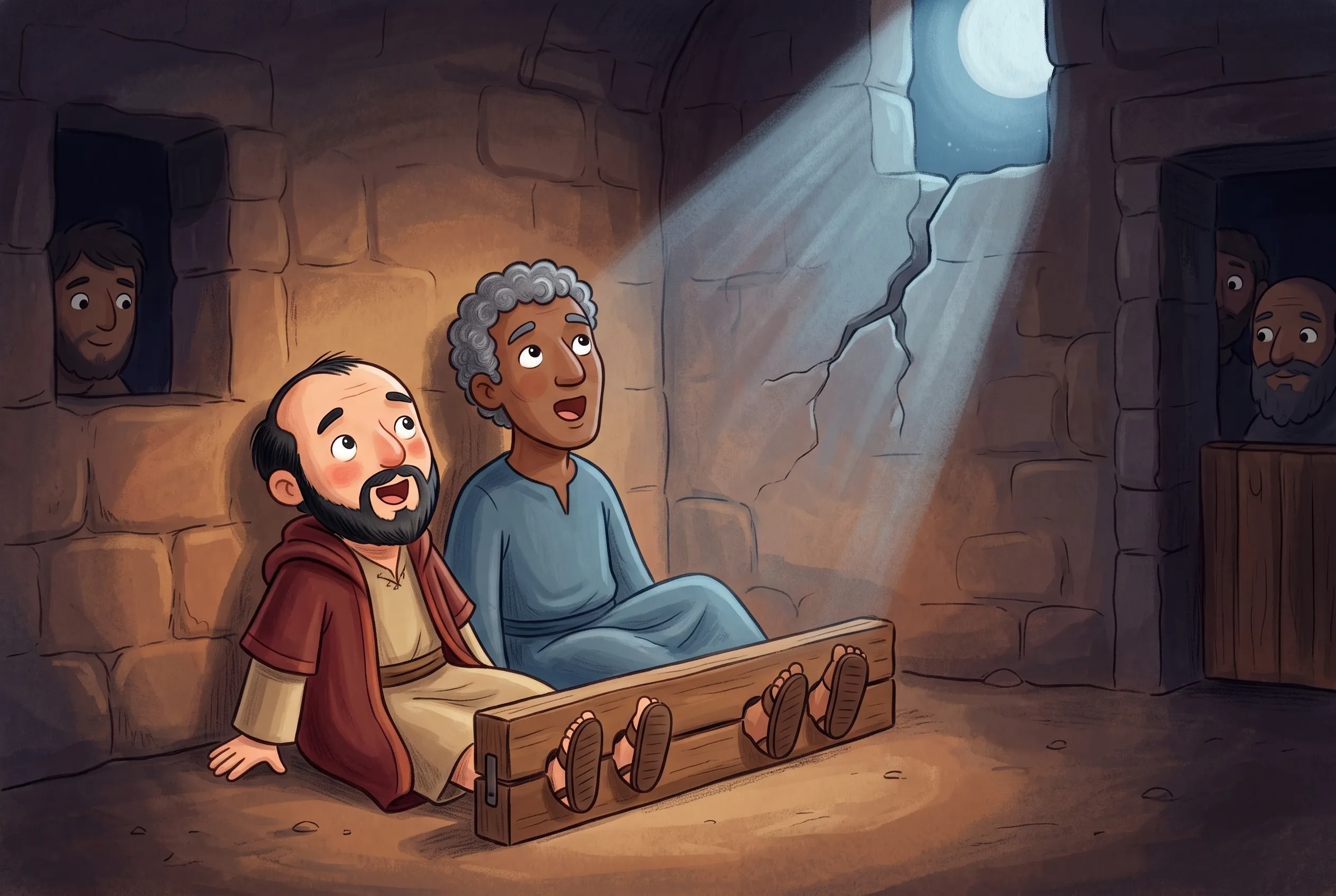 Illustration zu „Paulus und Silas singen um Mitternacht“: In einer dunklen Gefängniszelle sitzen Paulus und Silas mit eingeklemmten Füßen und singen mit erhobenen Köpfen, aus den Nachbarzellen lauschen Gefangene; ein Riss läuft durch die Wand.